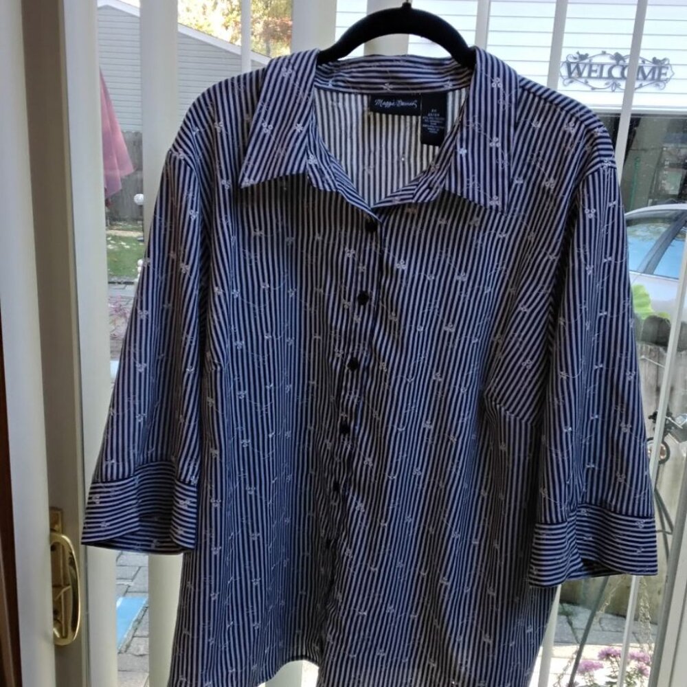 Maggie Barnes Stripped White & Navy Button-Down Shirt with Embroidered Flowers